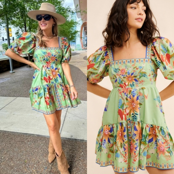 FARM Rio Dresses & Skirts - FARM Rio Green Floral Puff-Sleeve Mini Dress